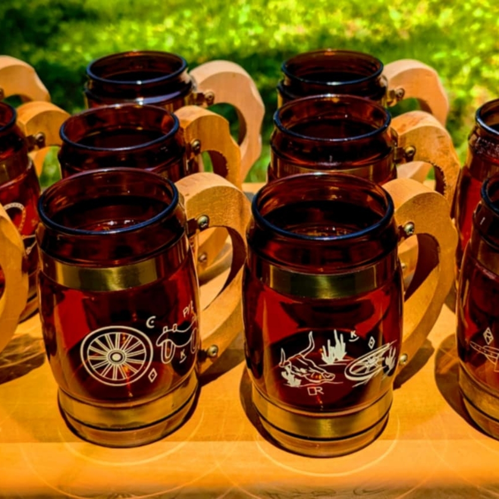 Vtg Lot Of 14 Siesta Ware Brown Glass Stein Wood Handle Western Ranch Beer Mug